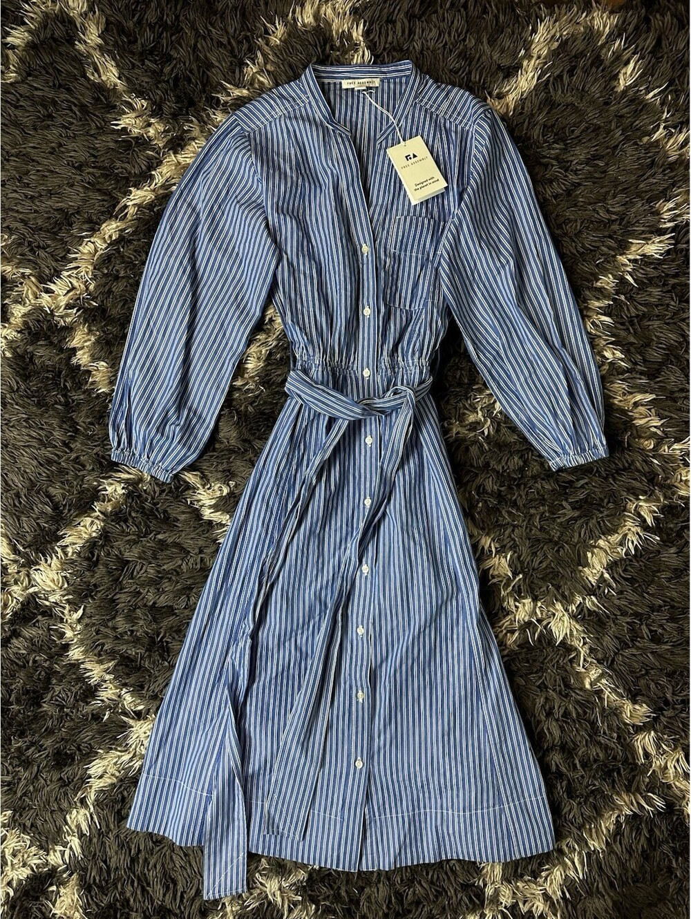 NWT Free Assembly Women XS Blue Striped Long Sleeve Midi Shirt Dress Belted